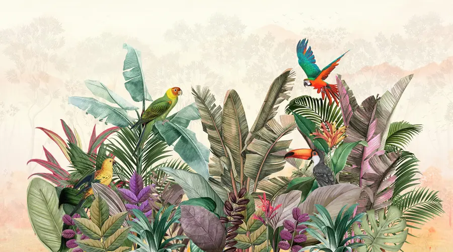 murales de pared Loro de pájaros tropicales vintage en hojas tropicales u96144