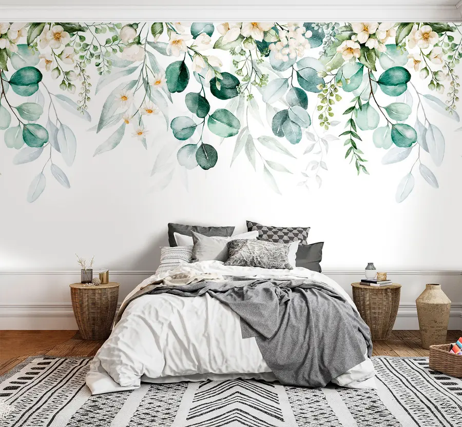 murales de pared Ilustración con hojas verdes, flores blancas, peonía y ramas u96063