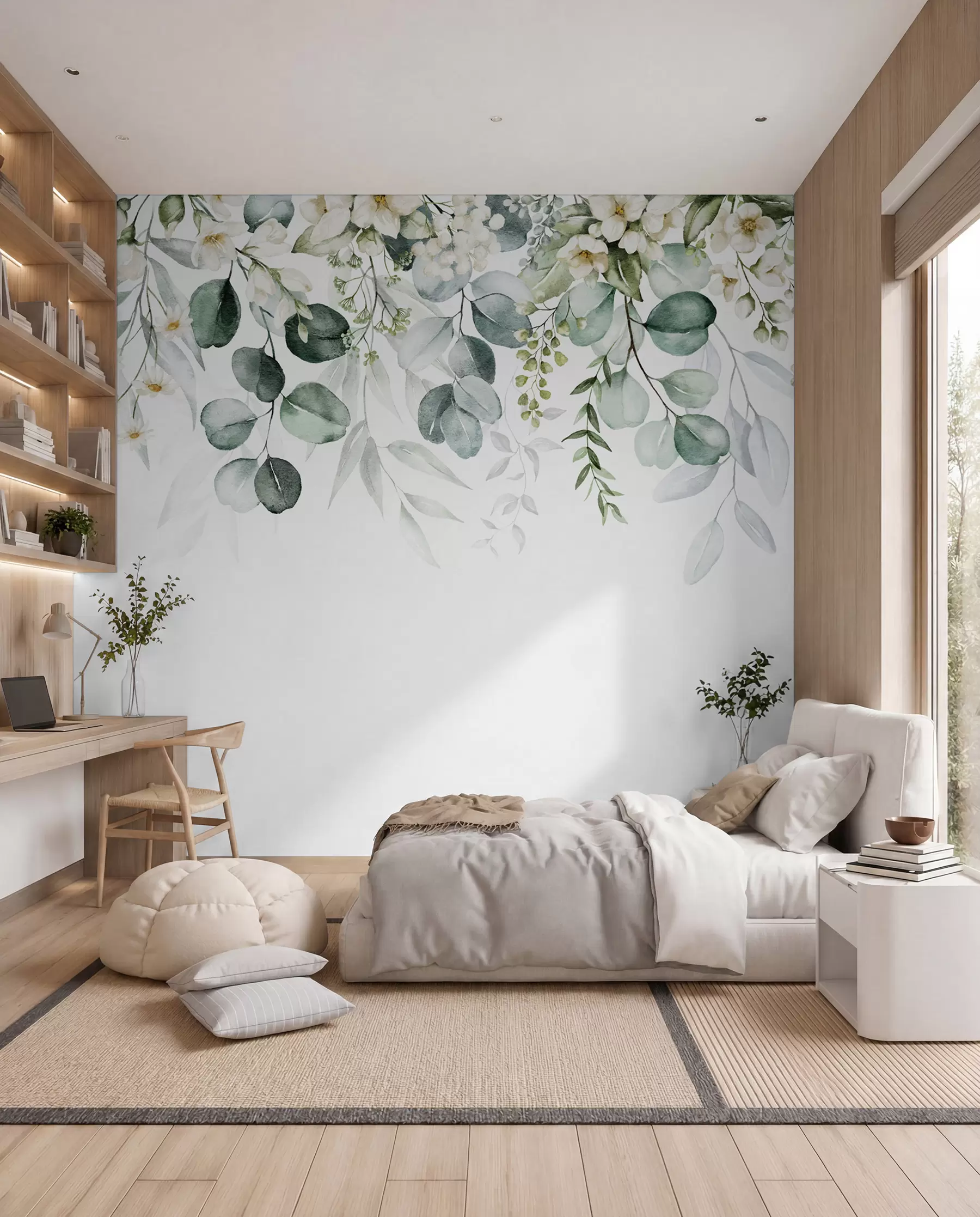 murales de pared Ilustración con hojas verdes, flores blancas, peonía y ramas u96063