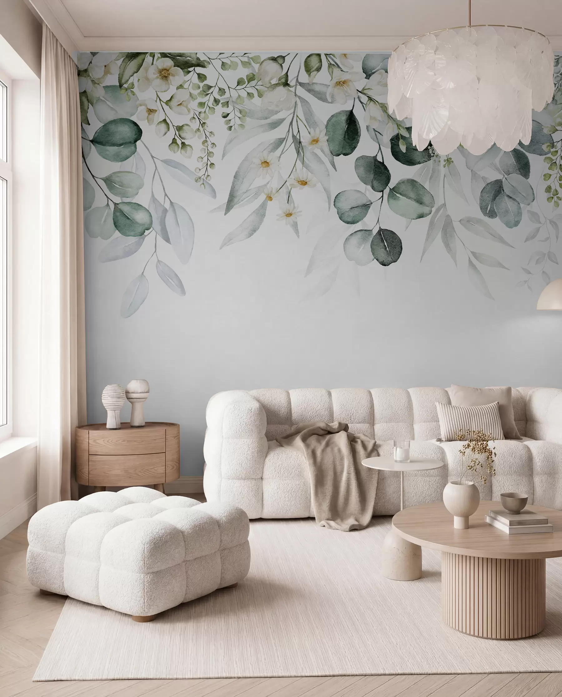 murales de pared Ilustración con hojas verdes, flores blancas, peonía y ramas u96063