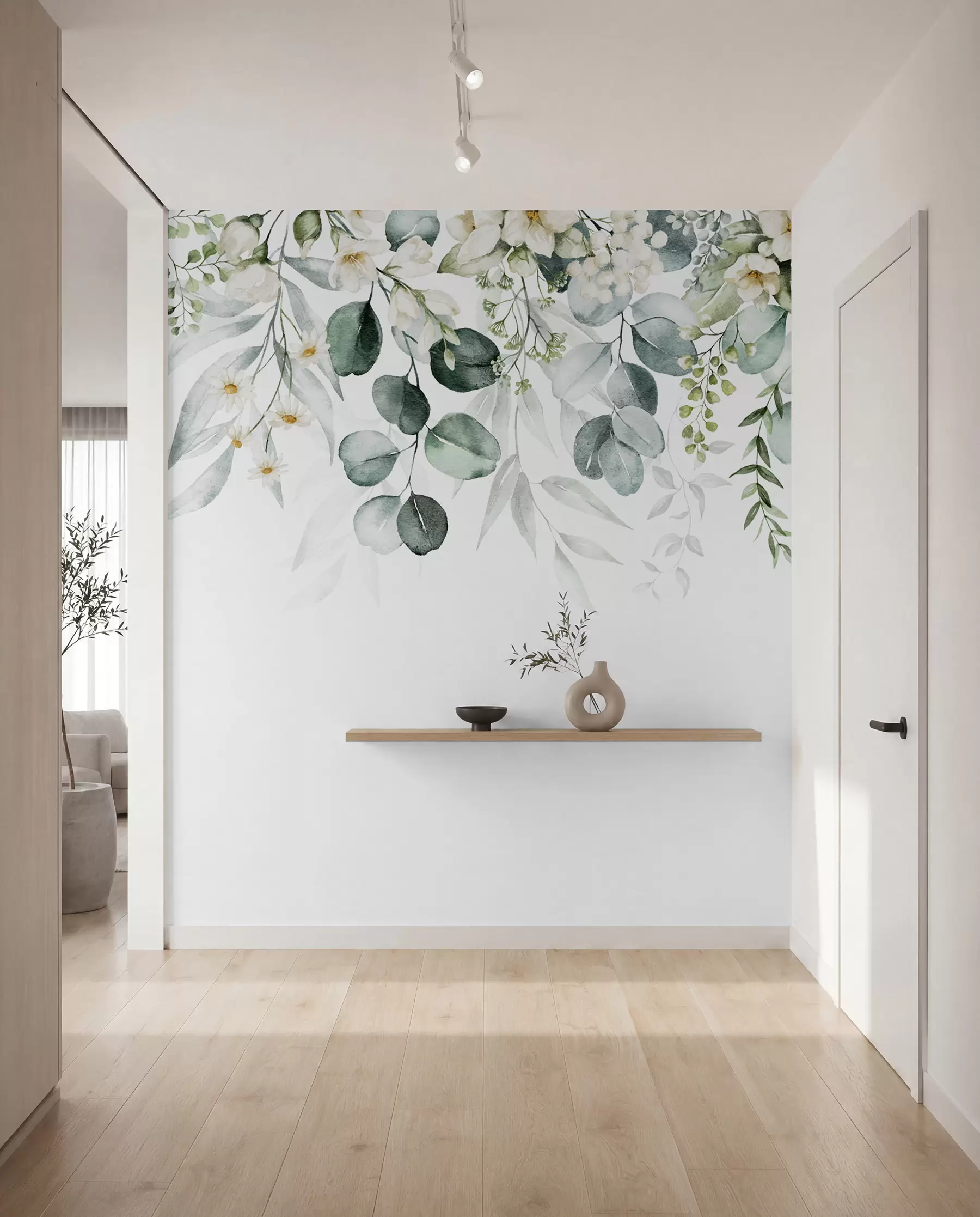 murales de pared Ilustración con hojas verdes, flores blancas, peonía y ramas u96063