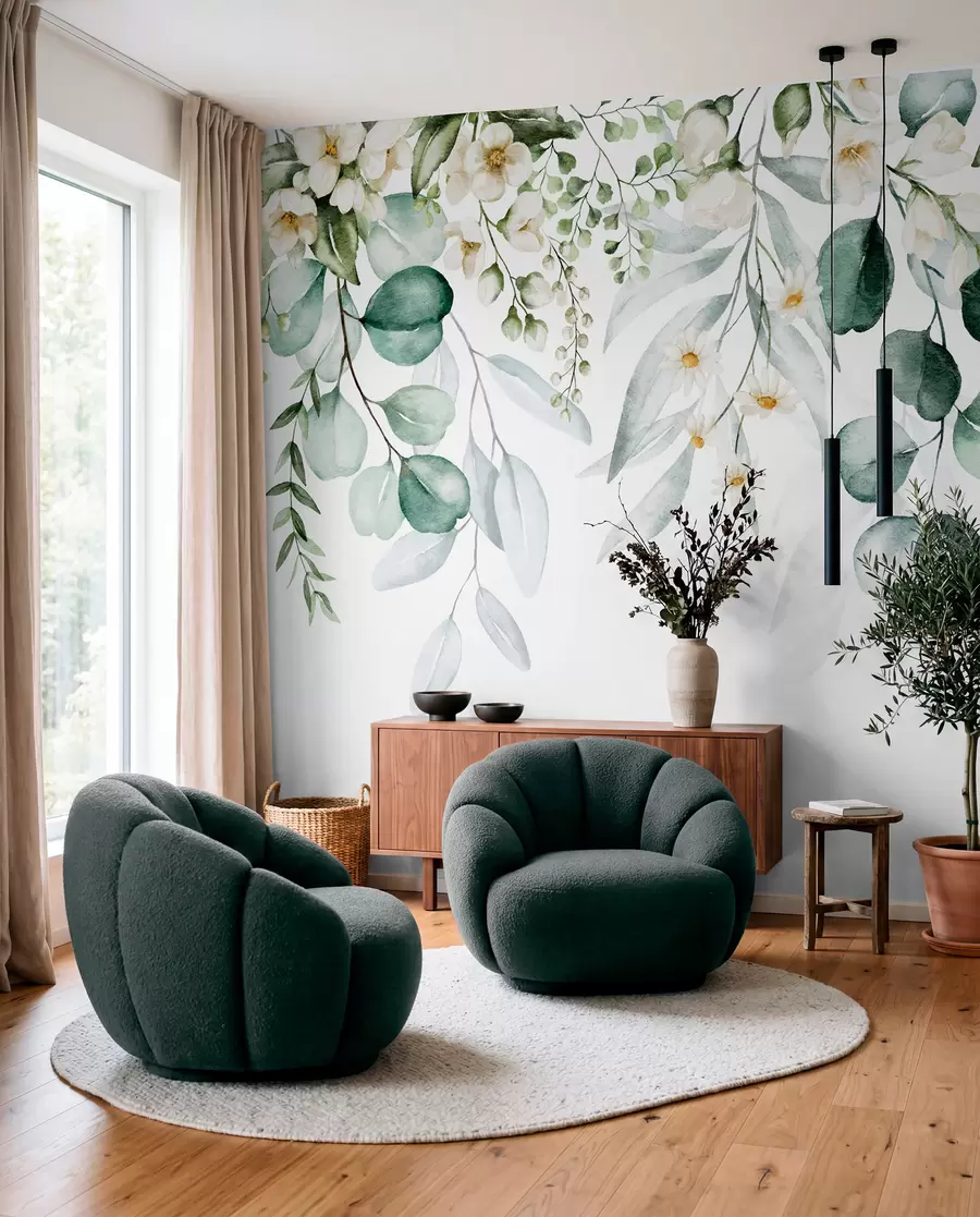 murales de pared Acuarela hojas verdes con flores u96336
