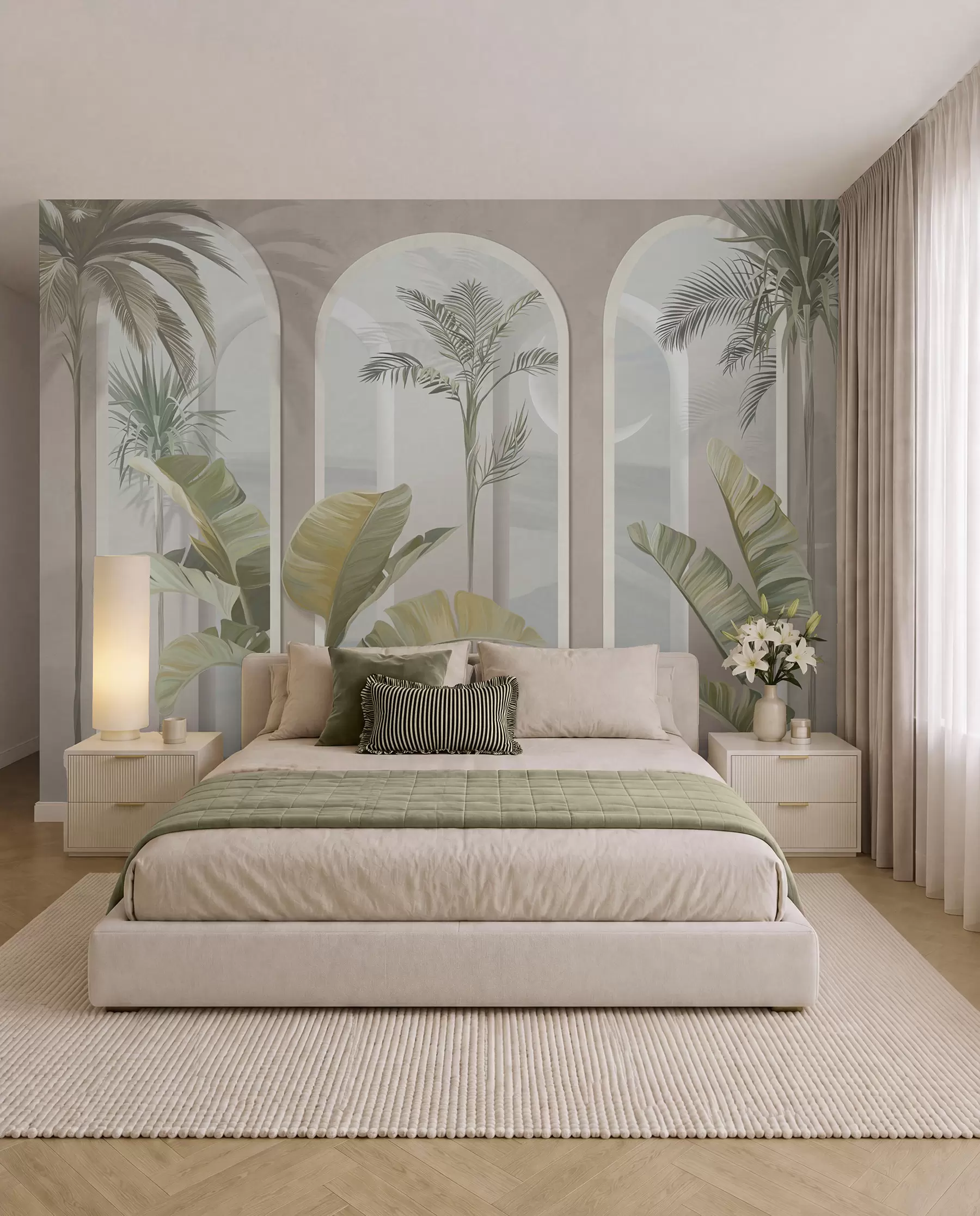 murales de pared Hojas tropicales 3D con palmeras y columnas u96402