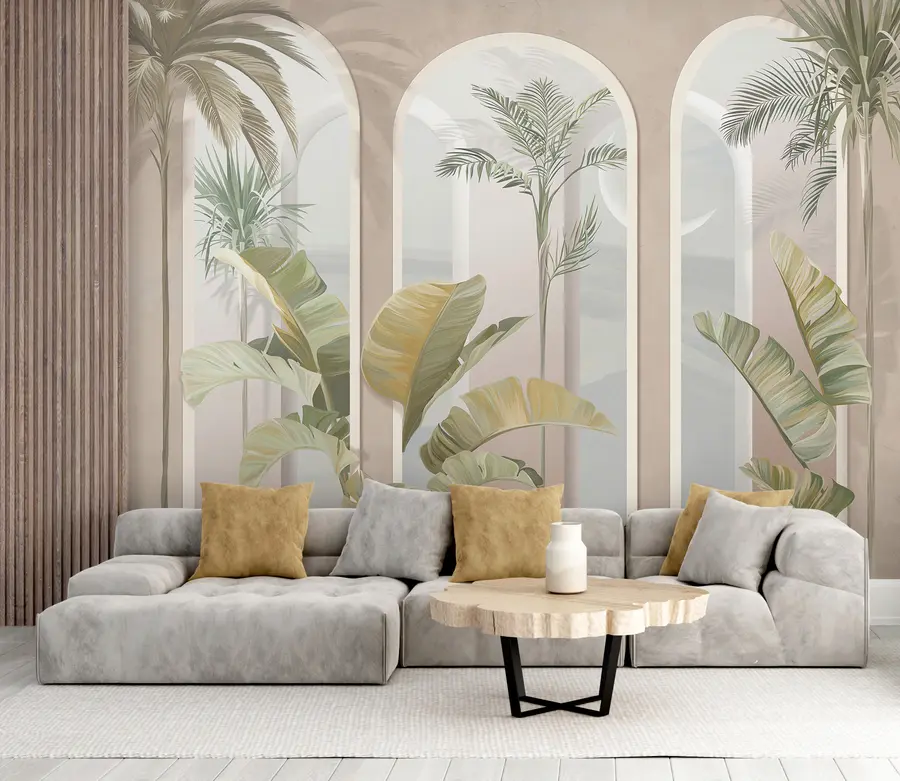 murales de pared Hojas tropicales 3D con palmeras y columnas u96402