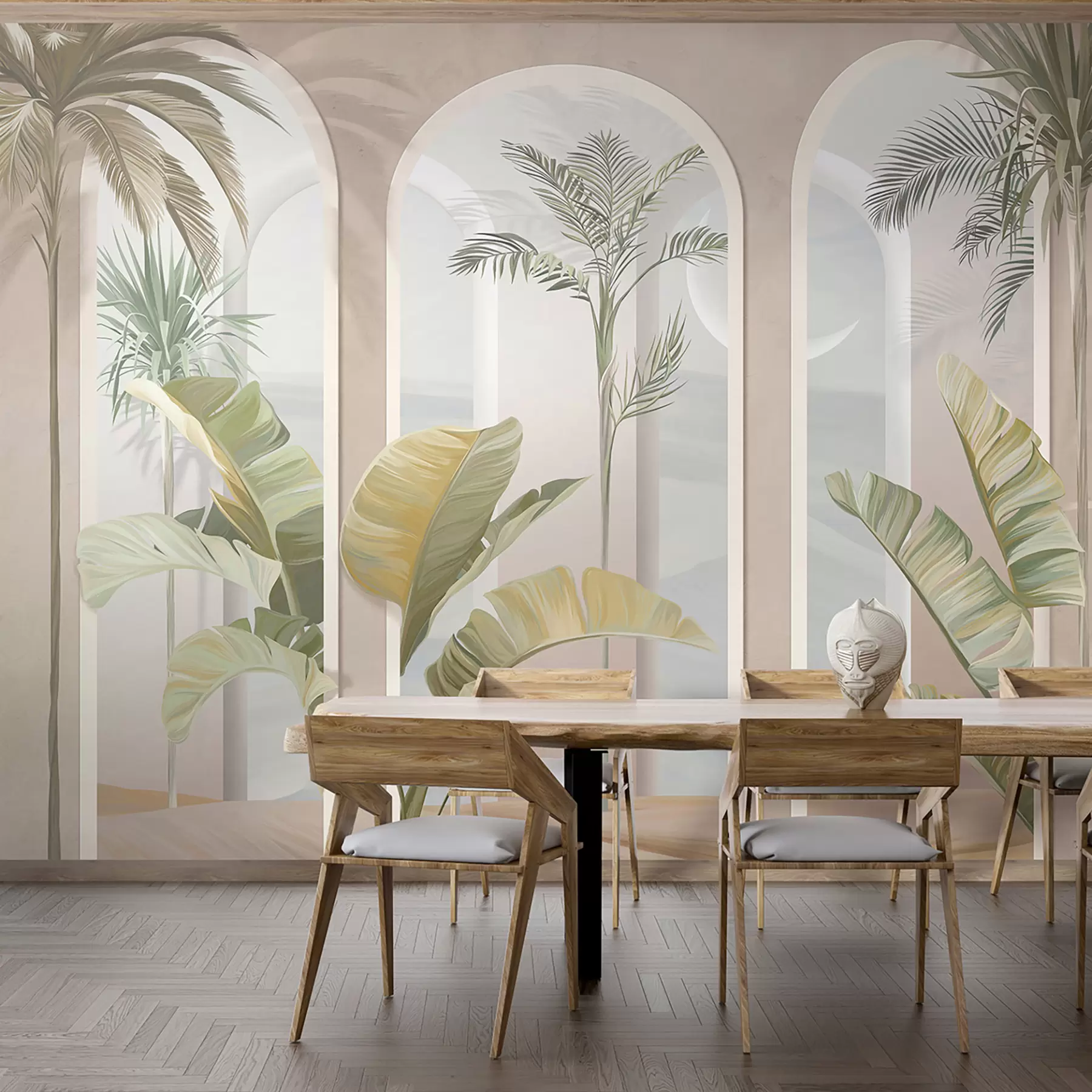 murales de pared Hojas tropicales 3D con palmeras y columnas u96402