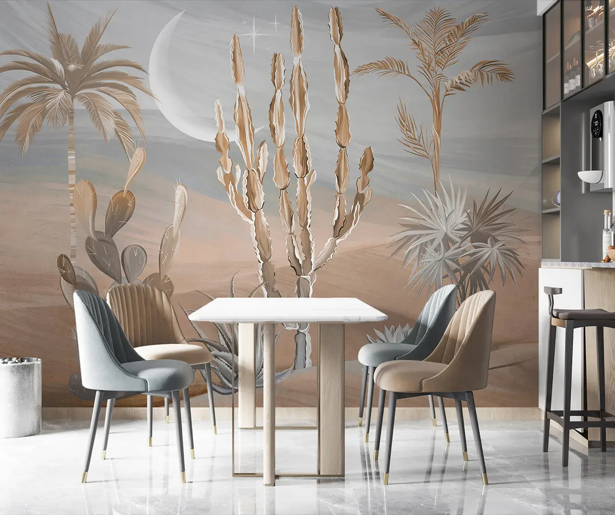 murales de pared Desierto 3D con cactus y hojas tropicales. u96444