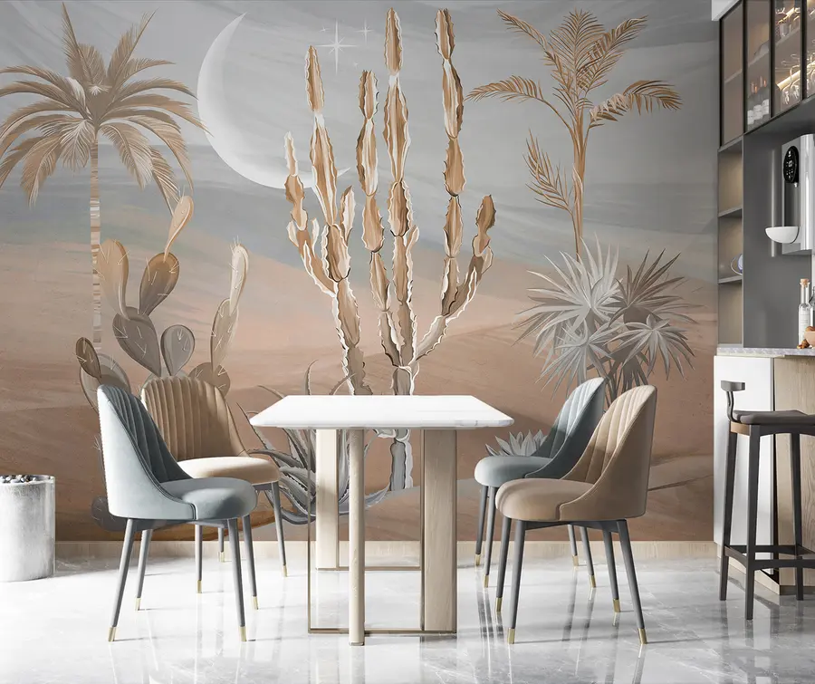 murales de pared Desierto 3D con cactus y hojas tropicales. u96444