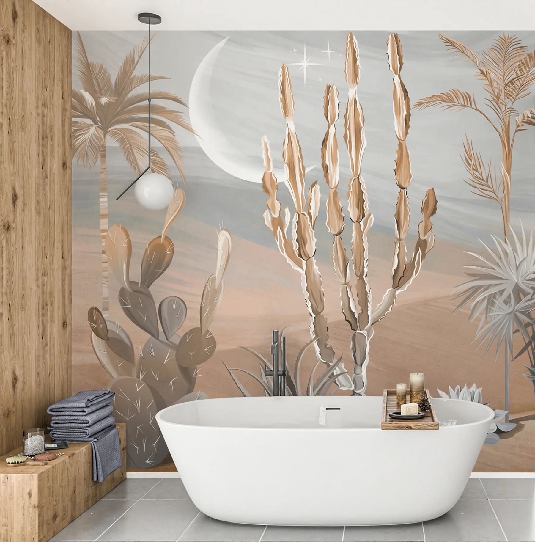 murales de pared Desierto 3D con cactus y hojas tropicales u96444