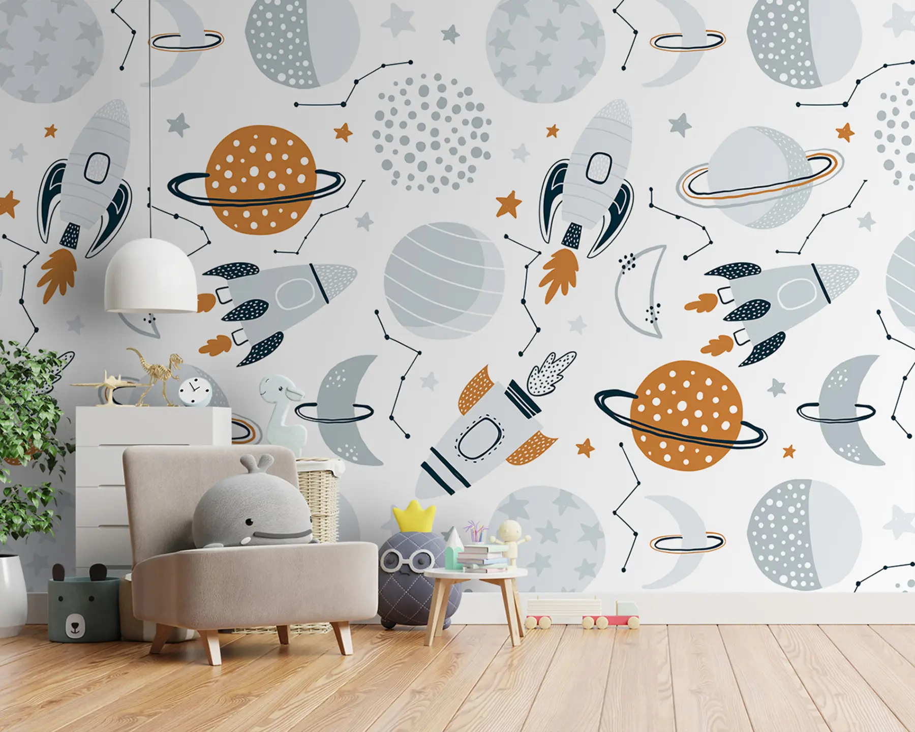 murales de pared Espacio con planetas, estrellas, constelaciones, cohetes, naves espaciales u96582