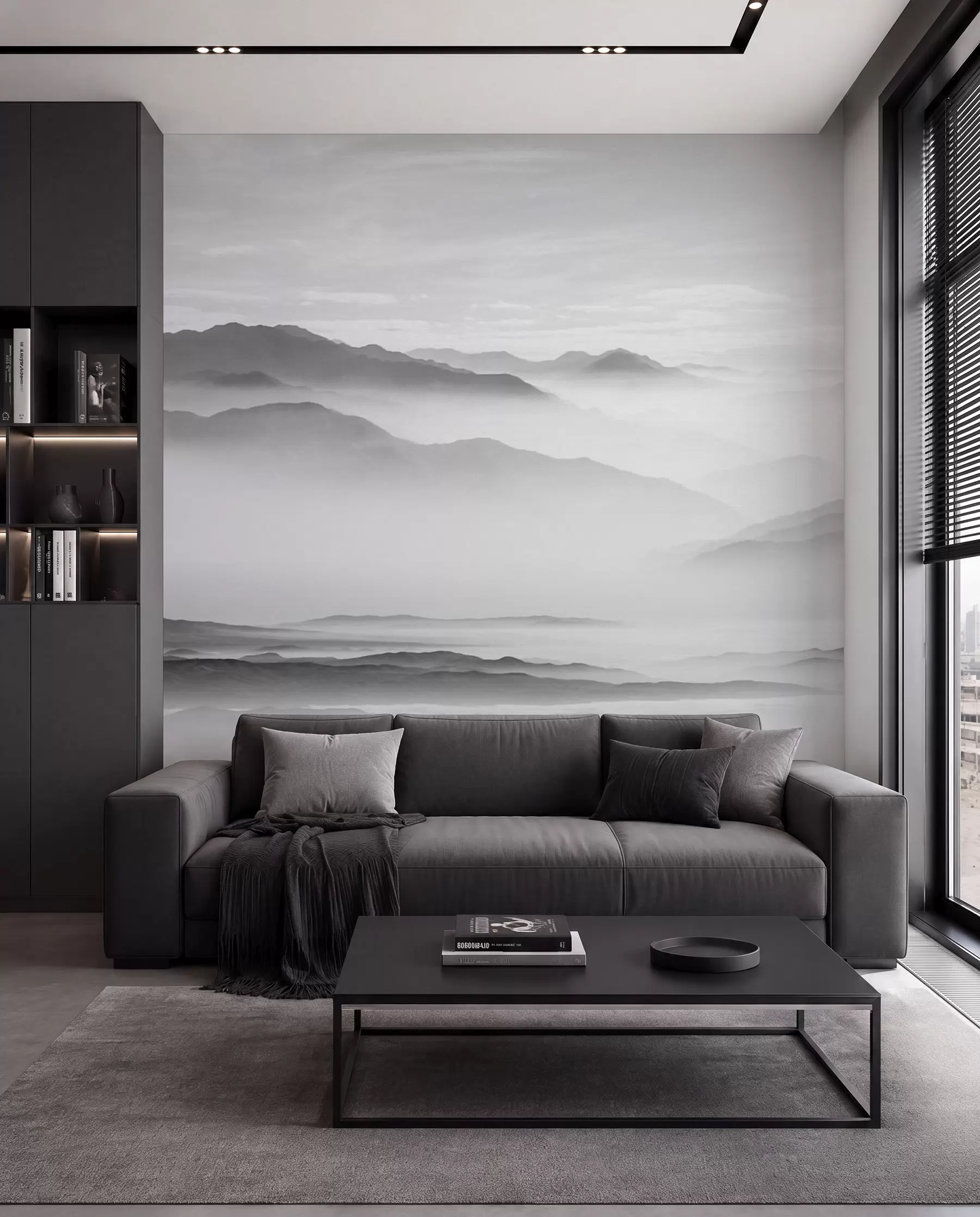 murales de pared Vista de las montañas grises en el monocromo de minimalismo de niebla u96922