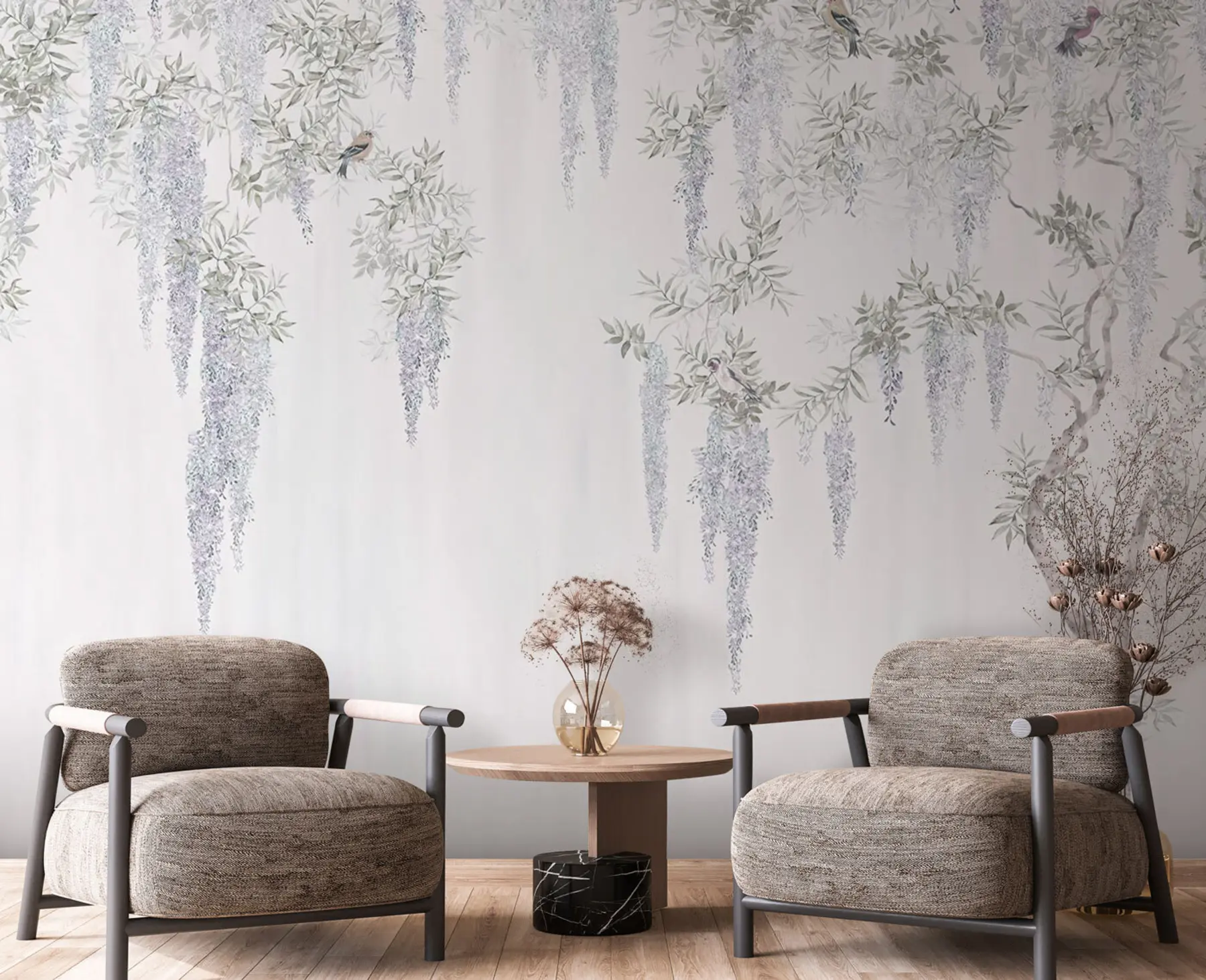 murales de pared Flores de glicina, glicina, minimalismo, monocromo, loft y estilo japonés u96928