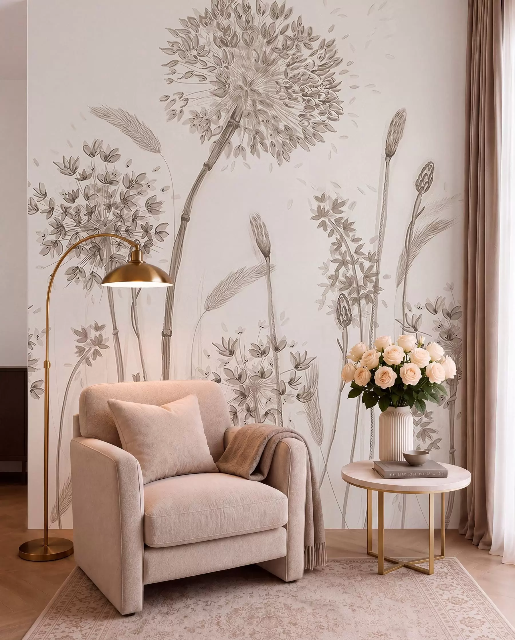murales de pared Gran prado de flores de diente de león estilo monocromo loft minimalismo u96934