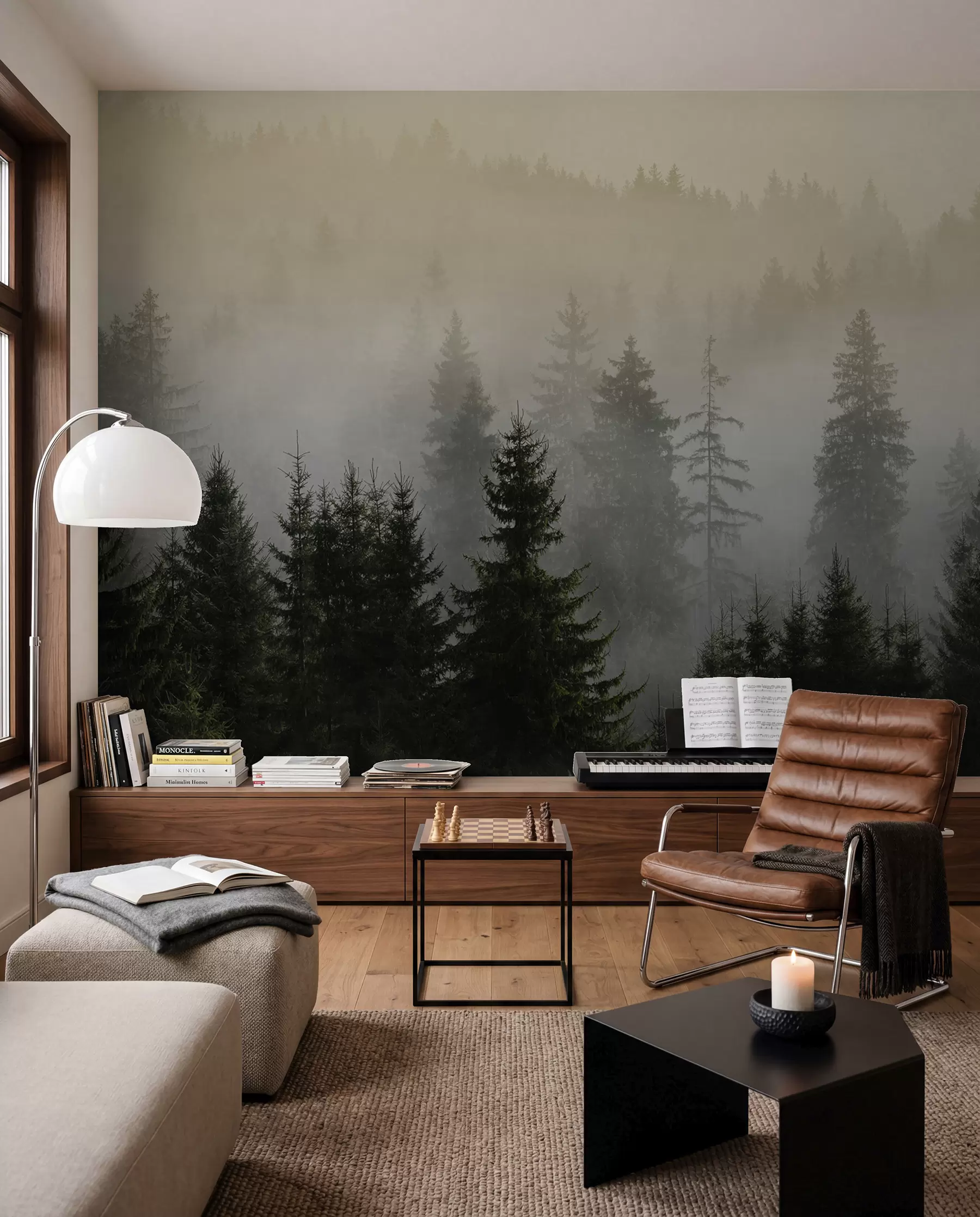 murales de pared Silueta de un abeto oscuro rodeado de niebla u96999