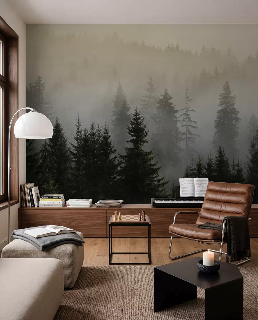 murales de pared Silueta de un abeto oscuro rodeado de niebla u96999