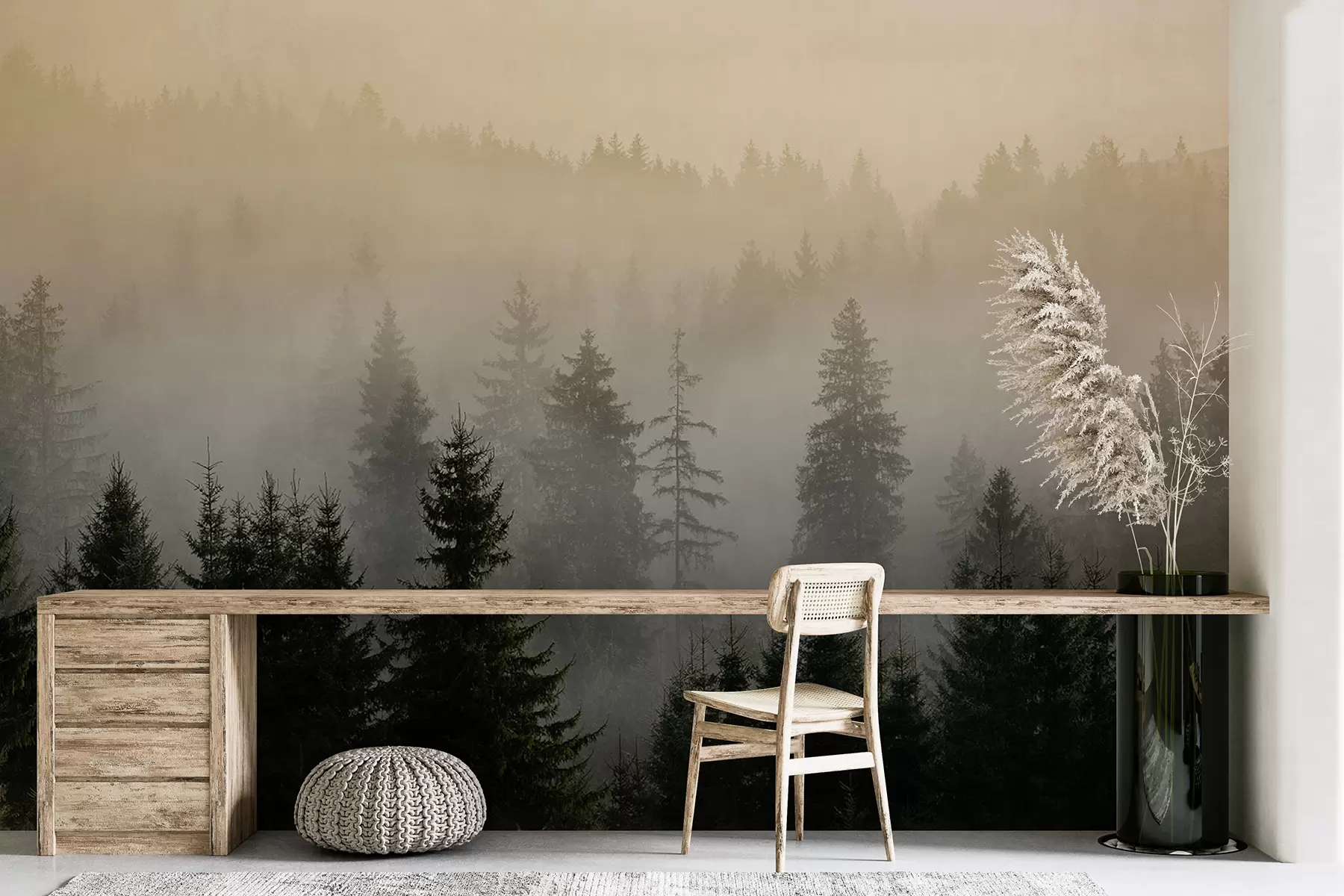 murales de pared Silueta de un abeto oscuro rodeado de niebla u96999