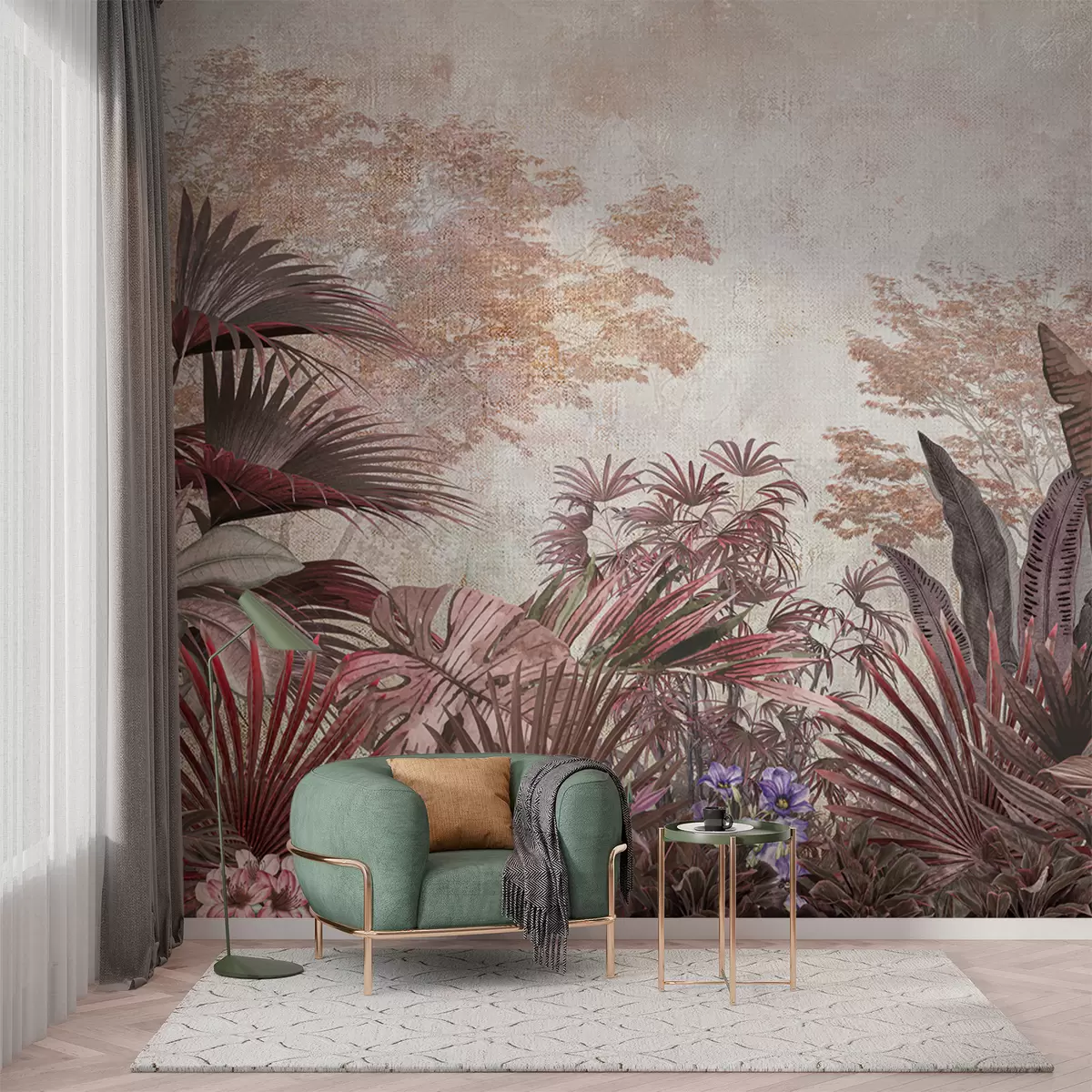 murales de pared Ilustración de papel tapiz tropical vintage con follaje de palmeras exóticas u97104