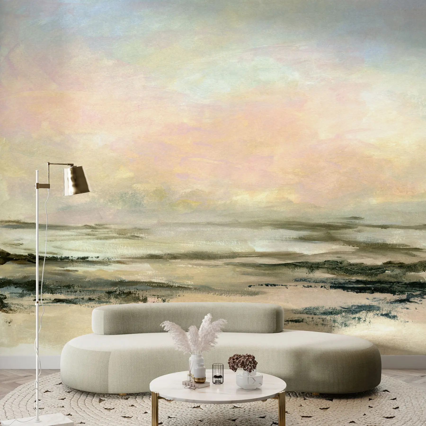 murales de pared Puesta de sol en una playa tropical, minimalismo elegante y loft u97451