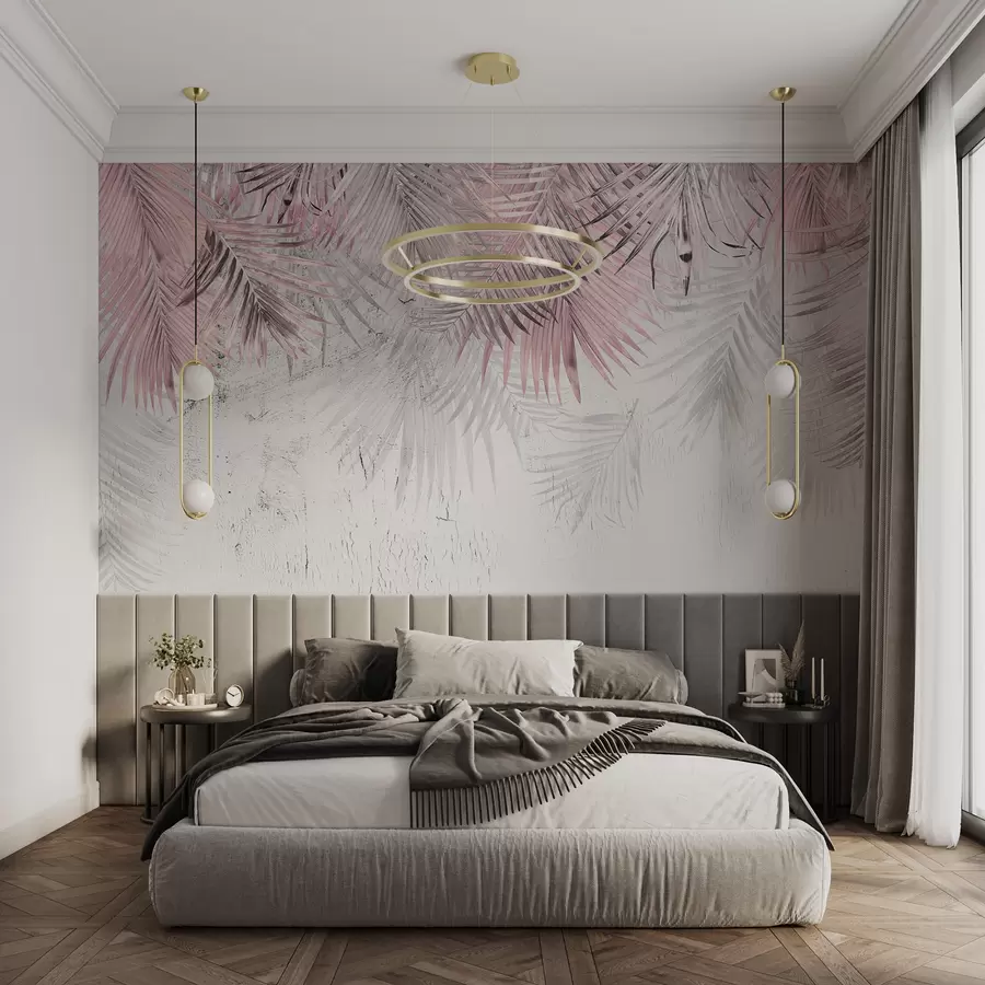 murales de pared Hojas tropicales rosadas en estilo grunge u93843v2