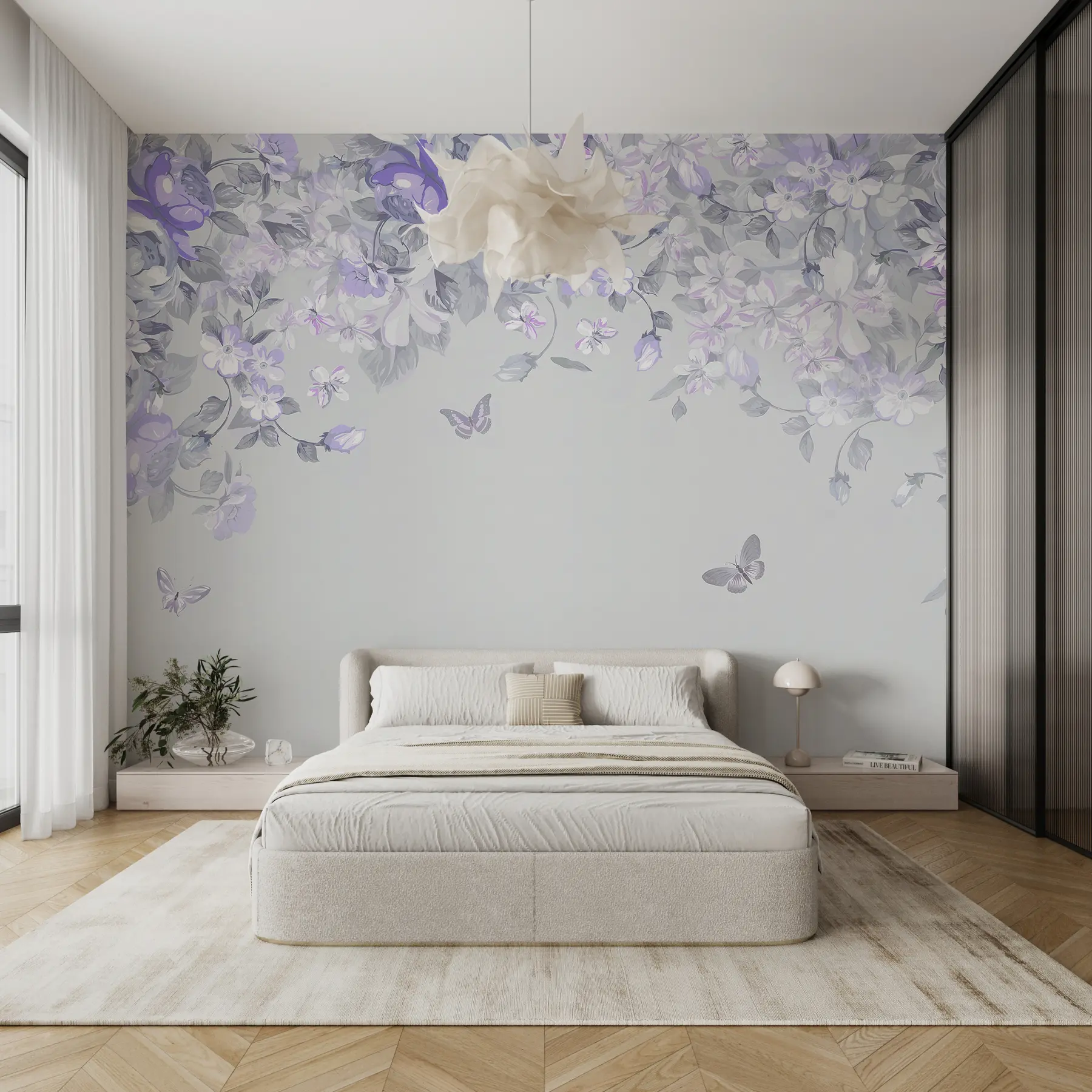 murales de pared Jardín lila con flores y mariposas u94295v3
