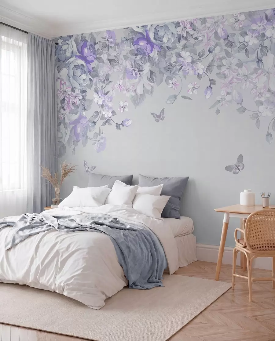 murales de pared Jardín lila con flores y mariposas u94295v3