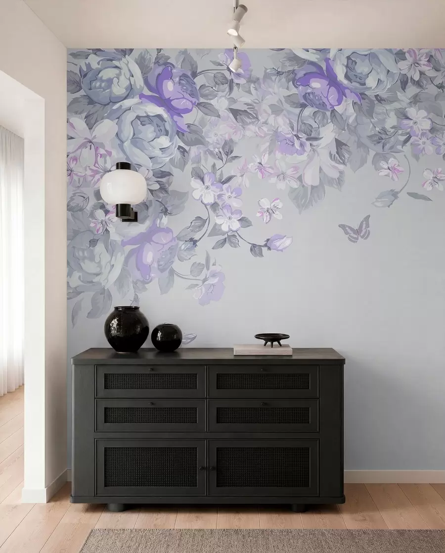 murales de pared Jardín lila con flores y mariposas u94295v3