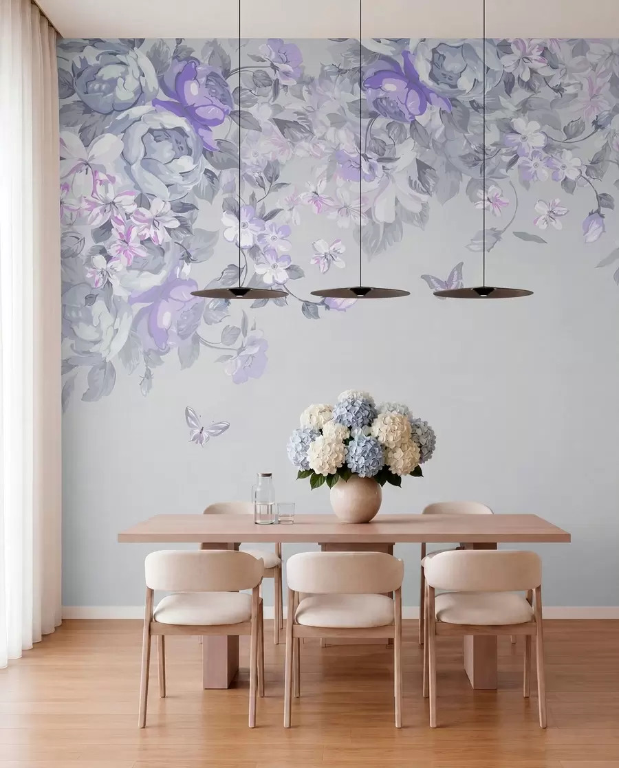 murales de pared Jardín lila con flores y mariposas u94295v3