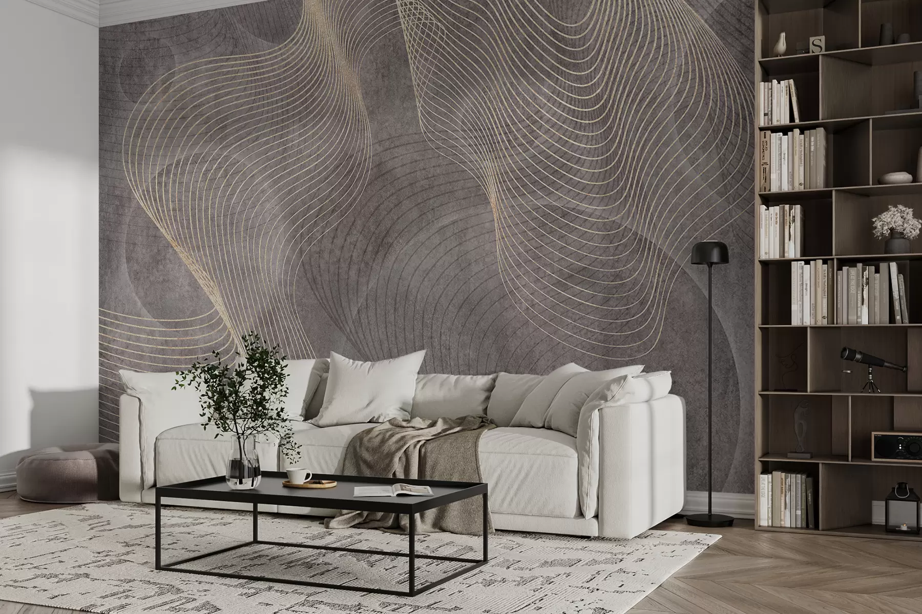 murales de pared Líneas onduladas en colores arena y beige u97469