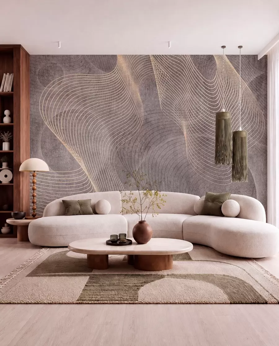 murales de pared Líneas onduladas en colores arena y beige u97469