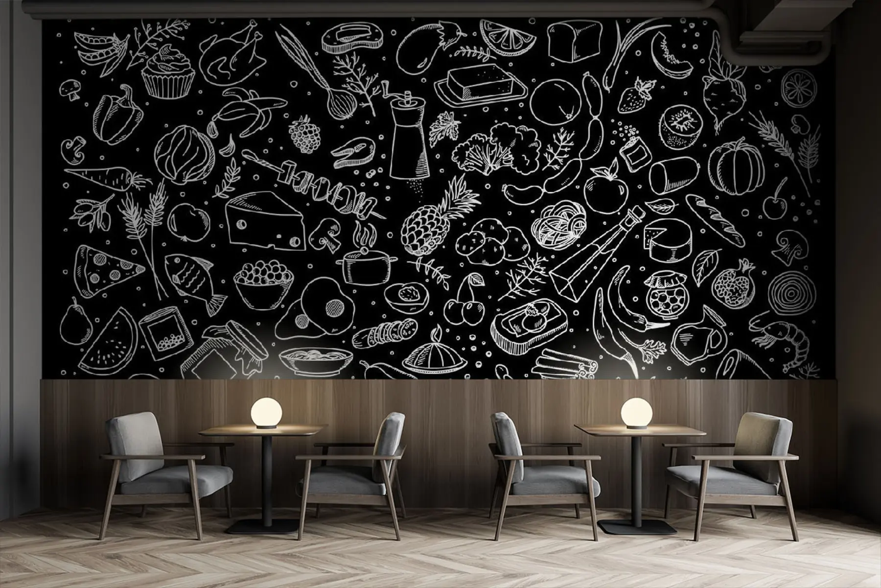 murales de pared Contornos de comida sobre un fondo negro u97432