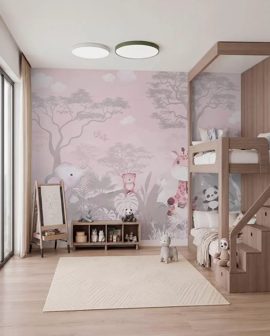 murales de pared Simpáticos animalitos de la sabana en tonos rosas u73878v3