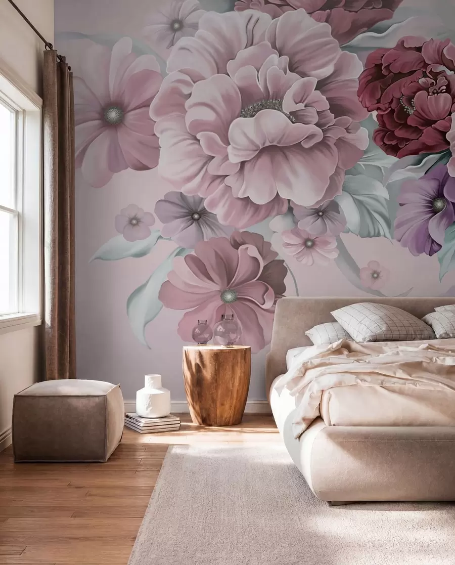 murales de pared Delicadas flores azules en tonos rosados u59900v1