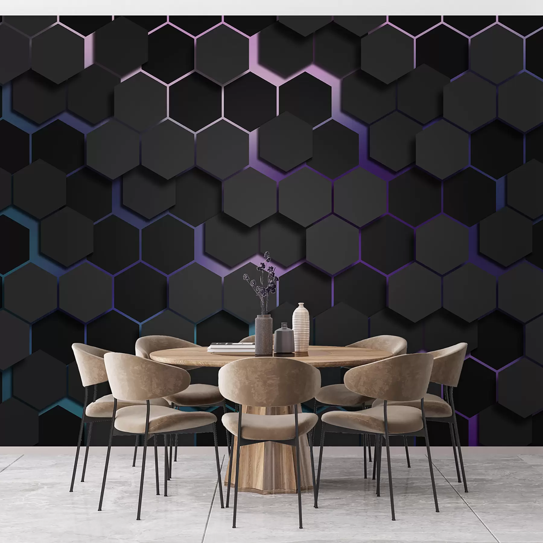 murales de pared Hexágonos negros con efecto 3D en colores negro y morado u79935v2
