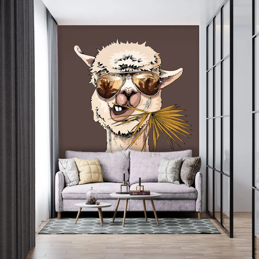 murales de pared Retrato de un lama con gafas de sol y una hoja de palma en abanico u98177