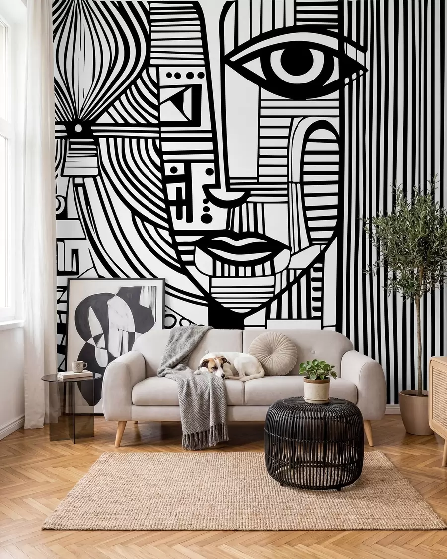 murales de pared Rostro abstracto en blanco y negro u98714