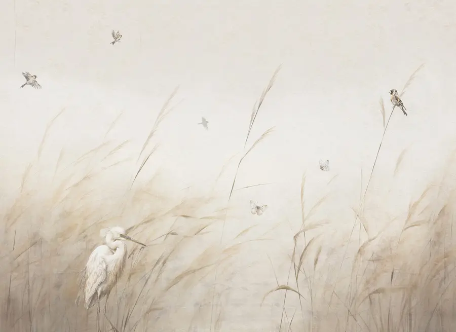 murales de pared Pájaros en el lago entre flores secas, plantas y hierba u98439