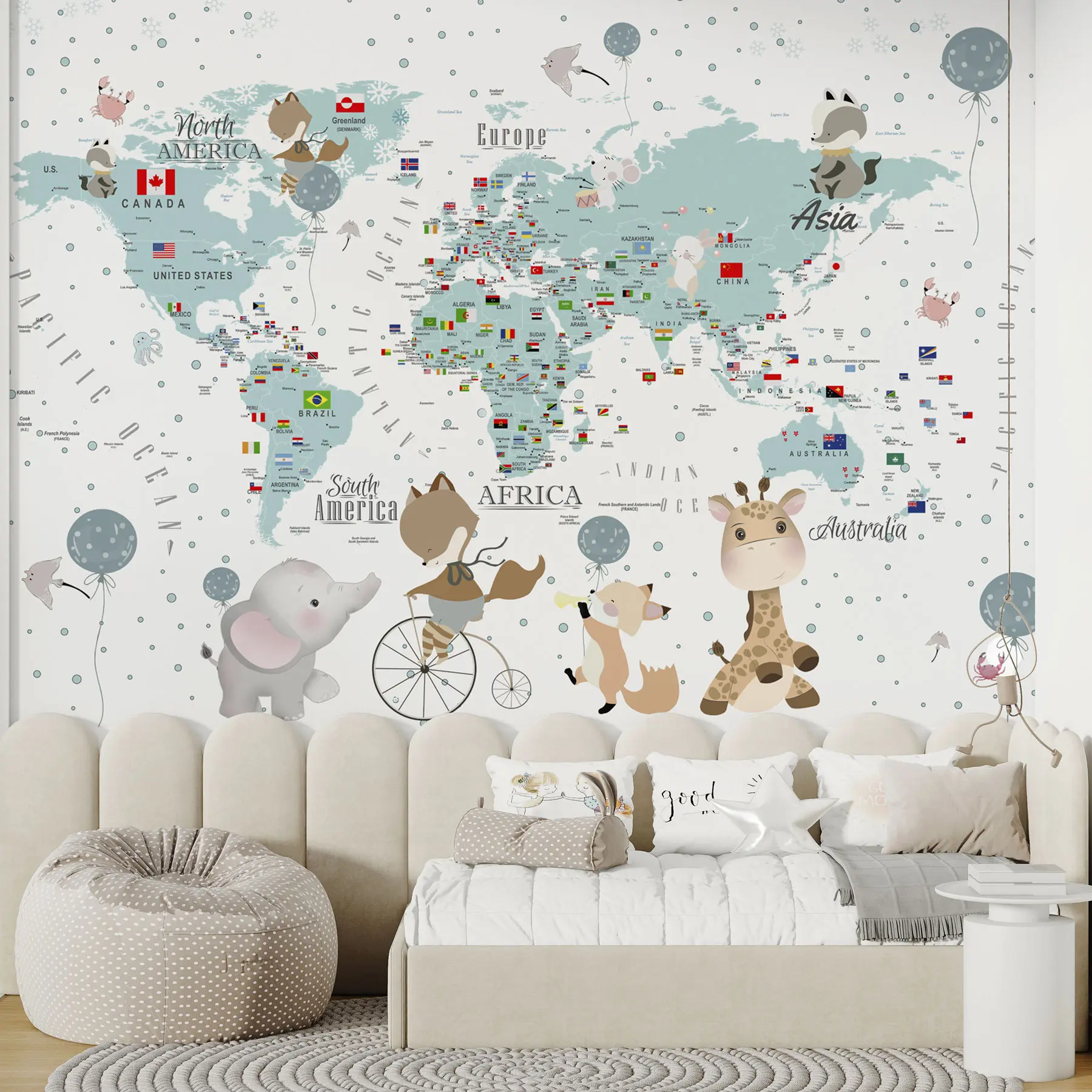 murales de pared Mapamundi infantil con animales u99228