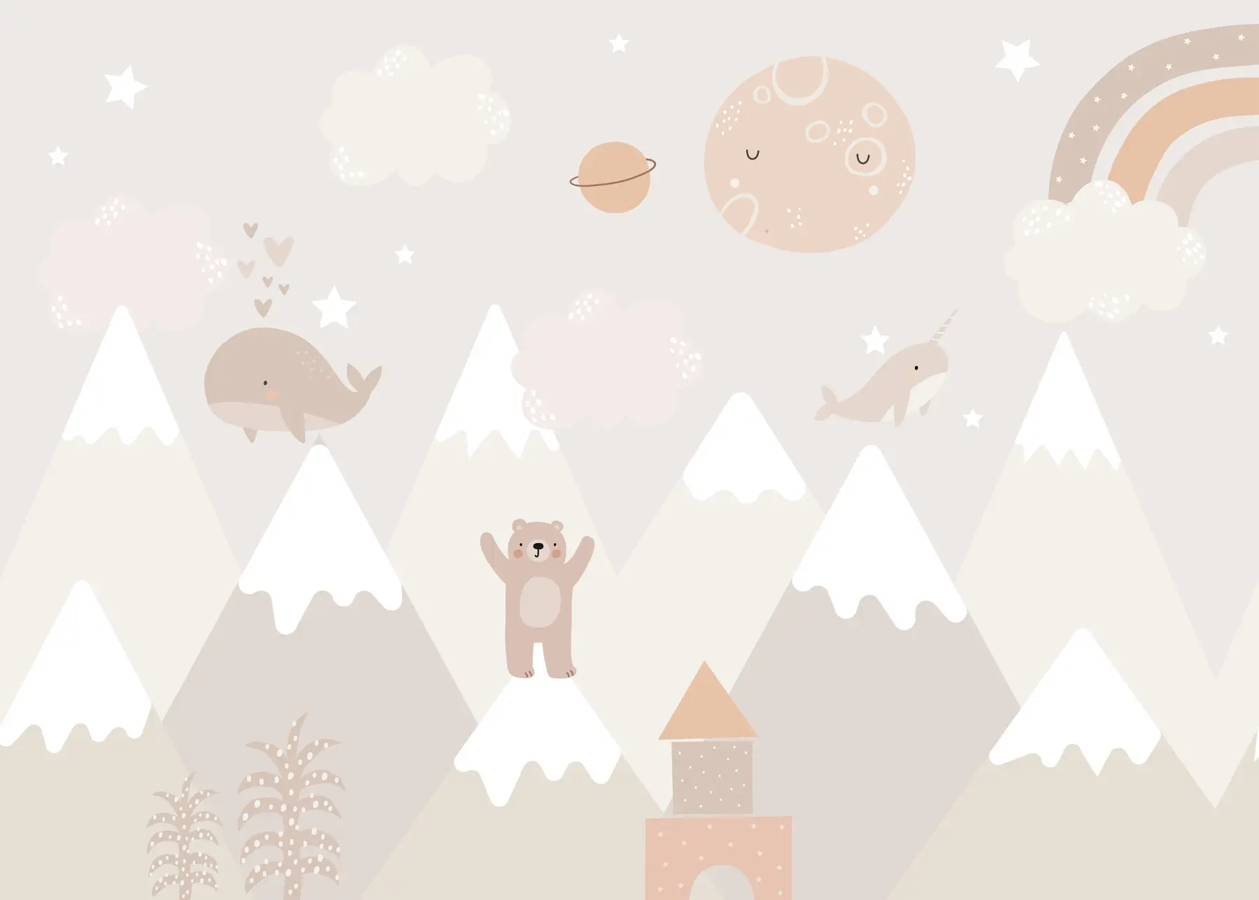 murales de pared Montañas con simpáticos animales, nubes y planetas, colores beige u99206