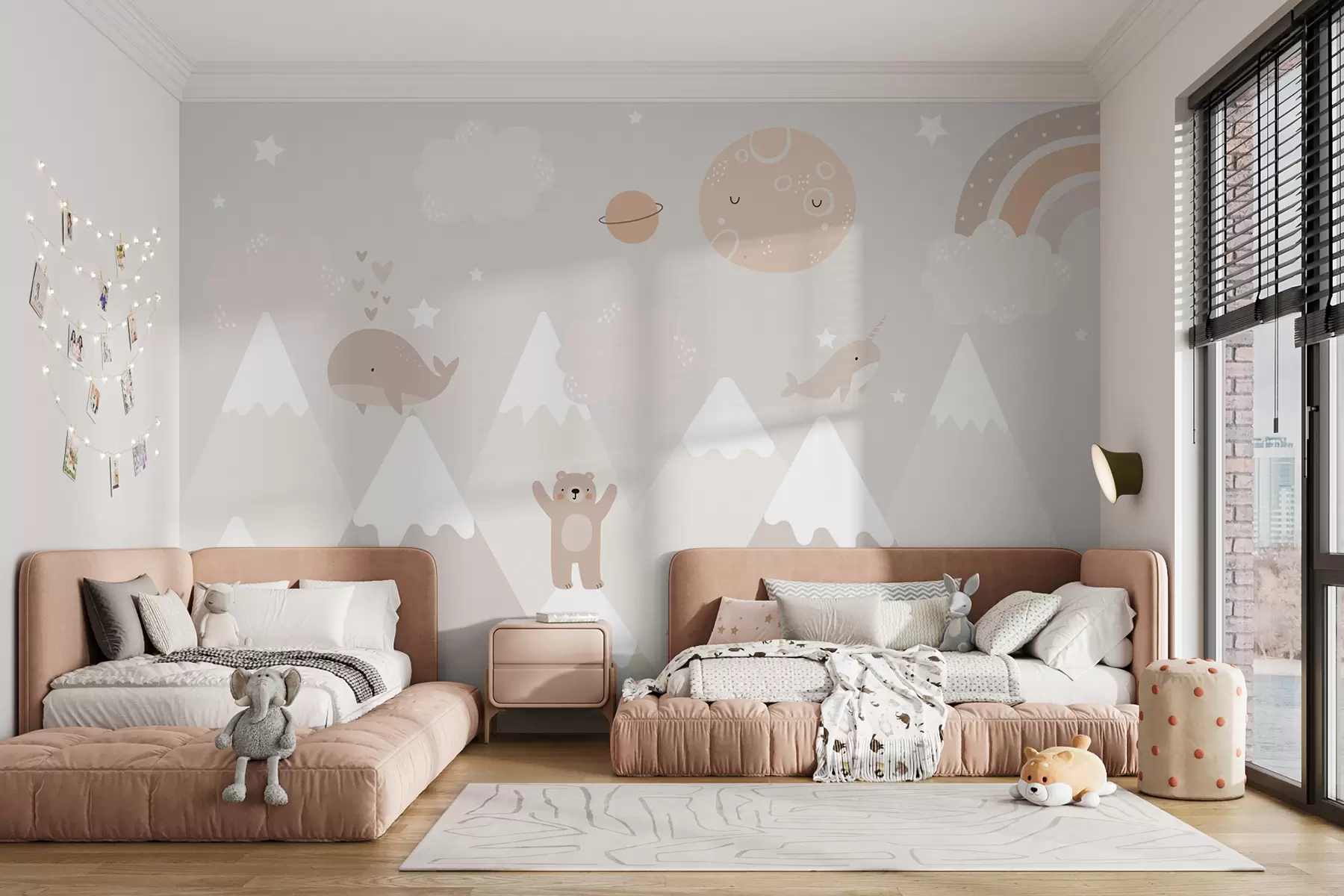murales de pared Montañas con simpáticos animales, nubes y planetas, colores beige u99206