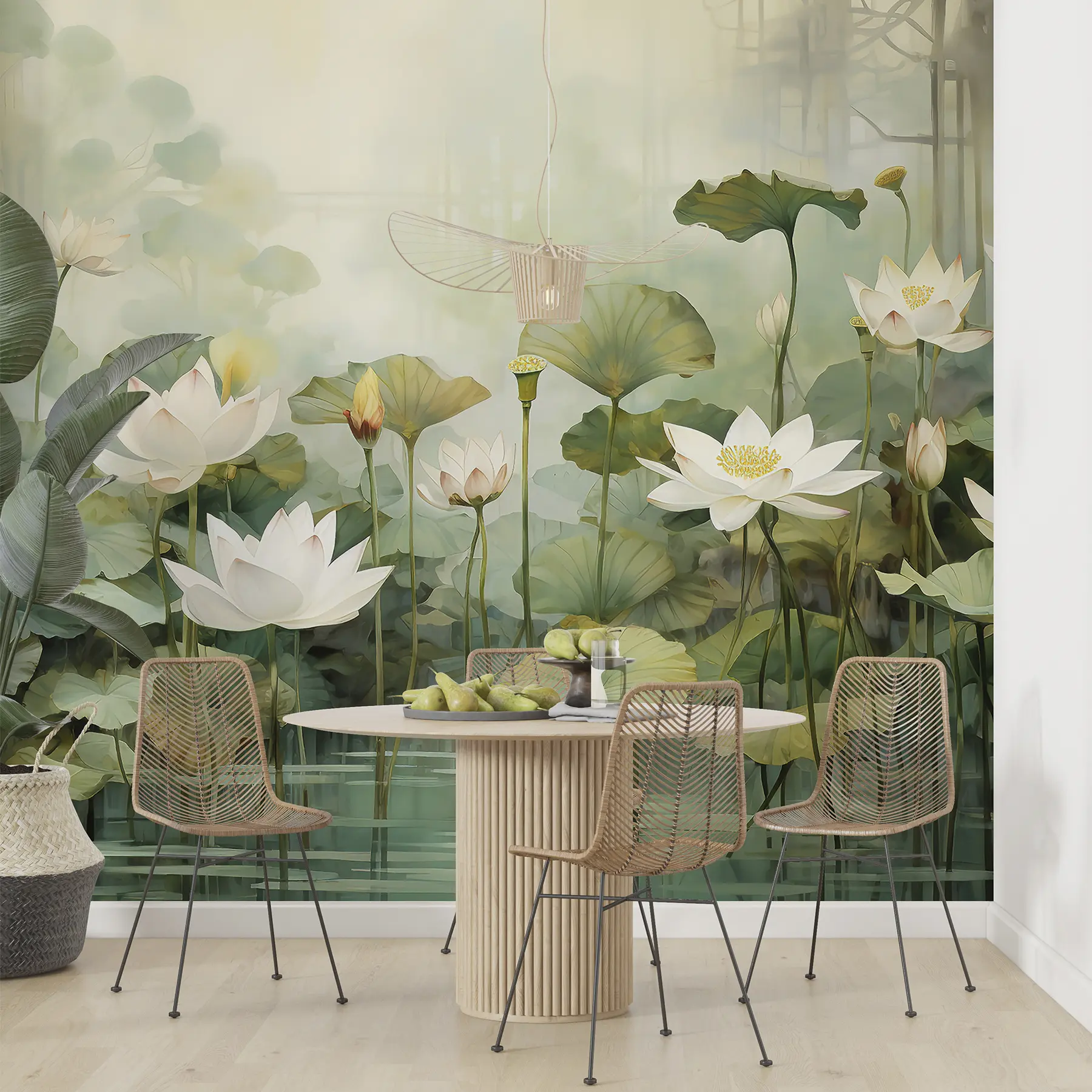 murales de pared Flores de loto en el lago, selva, arte tropical, verdor u99454d1