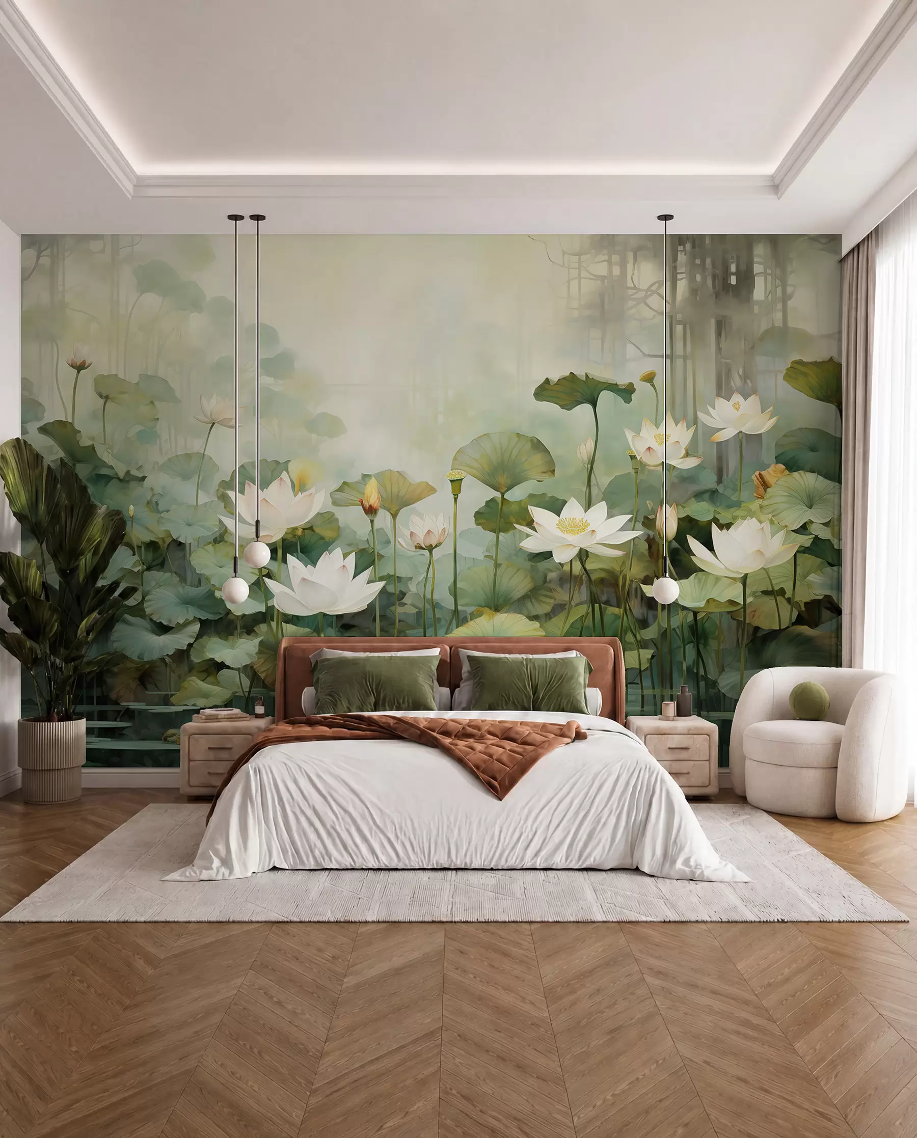 murales de pared Flores de loto en el lago, selva, arte tropical, verdor u99454