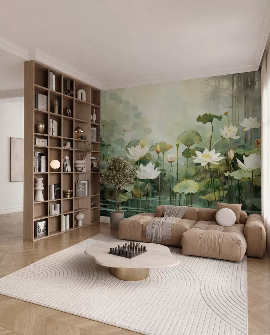 murales de pared Flores de loto en el lago, selva, arte tropical, verdor u99454