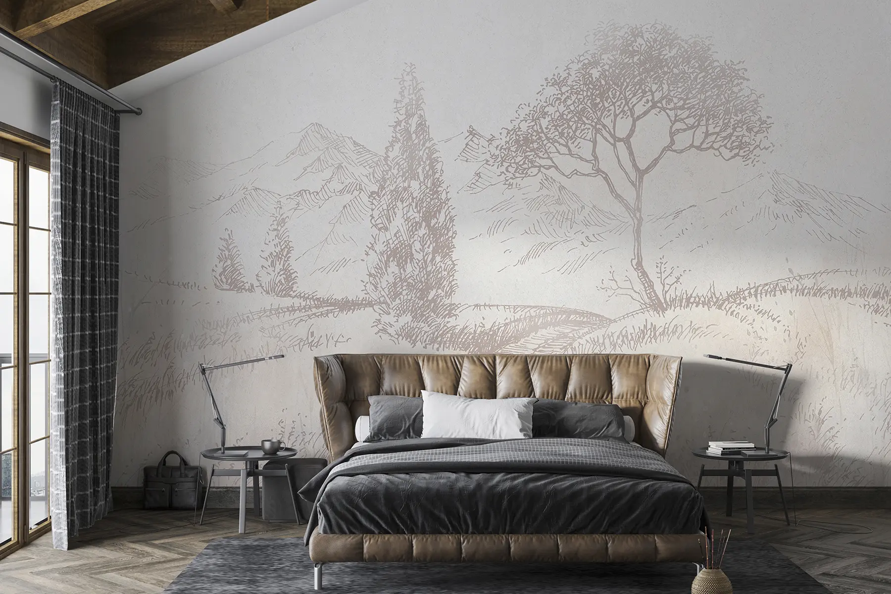 murales de pared Paisaje de Toscana, árbol, campo, minimalismo, colores beige naturales u99570