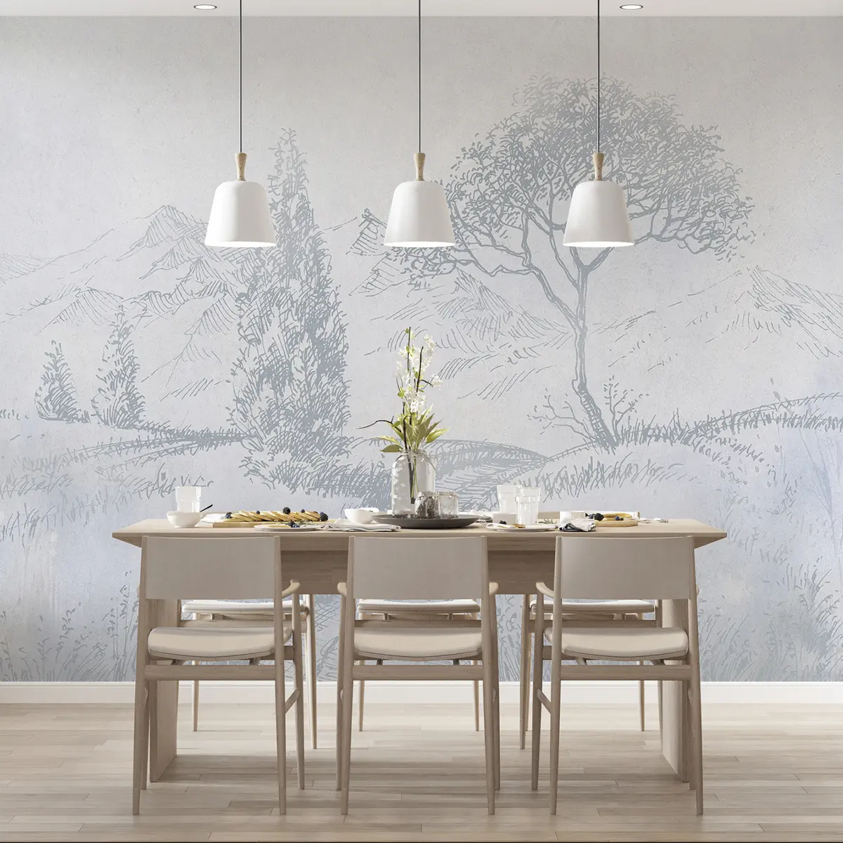 murales de pared Paisaje de Toscana, árbol, campo, minimalismo, colores azules naturales u99570v2