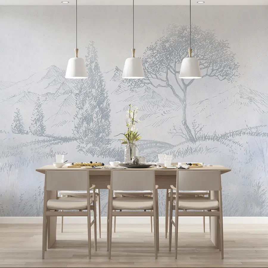 murales de pared Paisaje de Toscana, árbol, campo, minimalismo, colores azules naturales u99570v2