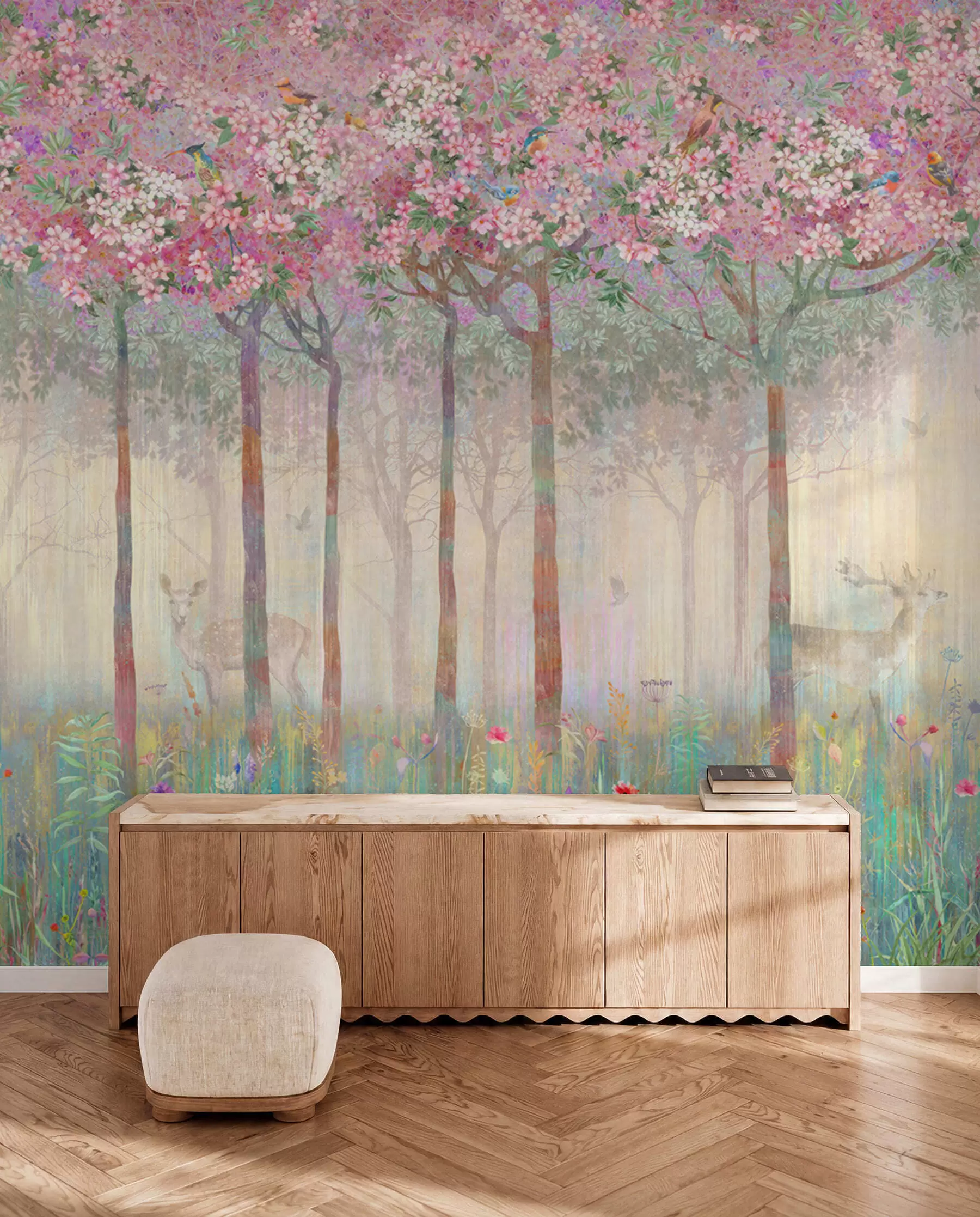 murales de pared Árboles en flor con troncos largos, ciervos entre los árboles u62100d2